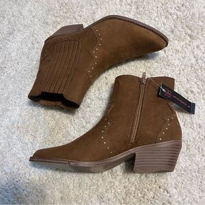 Tan Faux Suede Western Ankle Boots with Stacked Heel